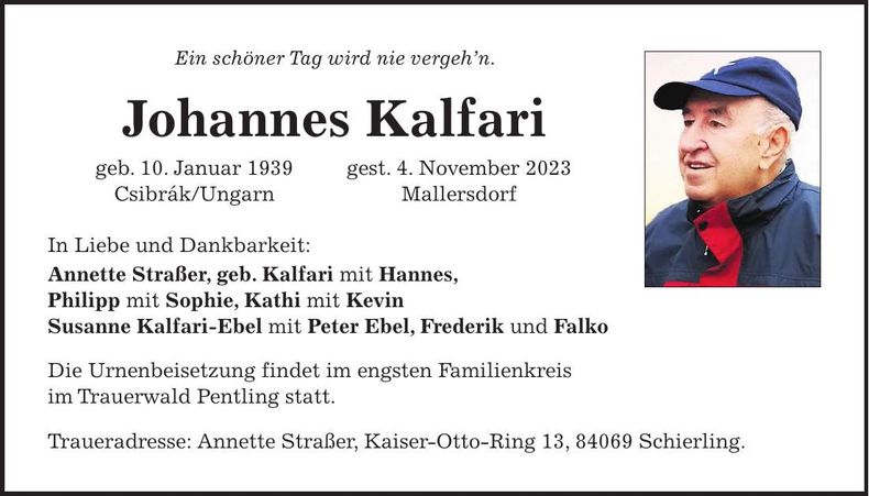 Traueranzeige Johannes Kalfari