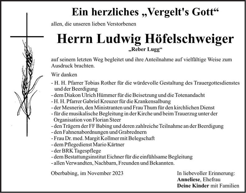 Traueranzeige Ludwig Höfelschweiger