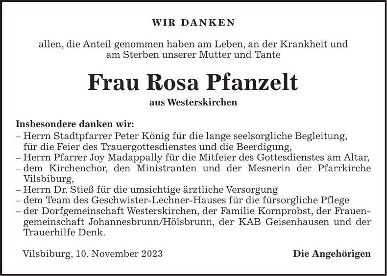 Traueranzeige Rosa Pfanzelt