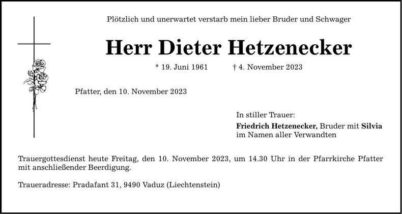 Traueranzeige Dieter Hetzenecker