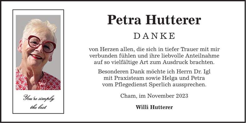 Traueranzeige Petra Hutterer