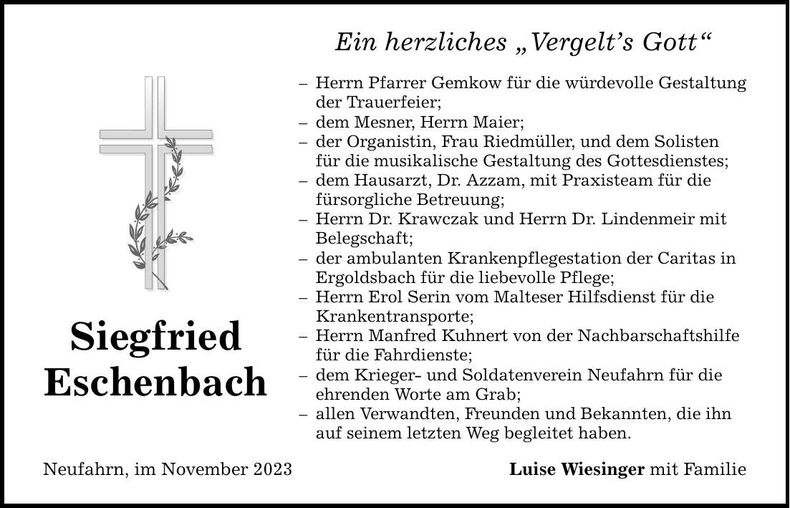 Traueranzeige Siegfried Eschenbach