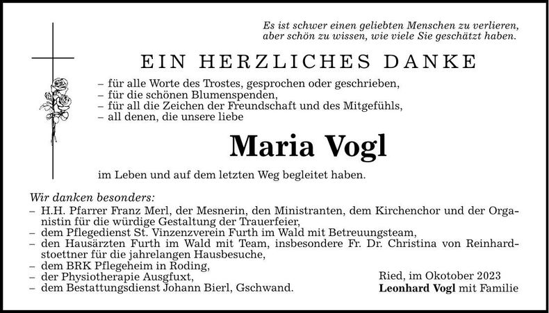 Traueranzeige Maria Vogl