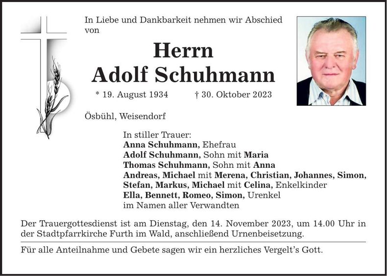Traueranzeige Adolf Schuhmann