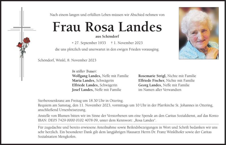 Traueranzeige Rosa Landes