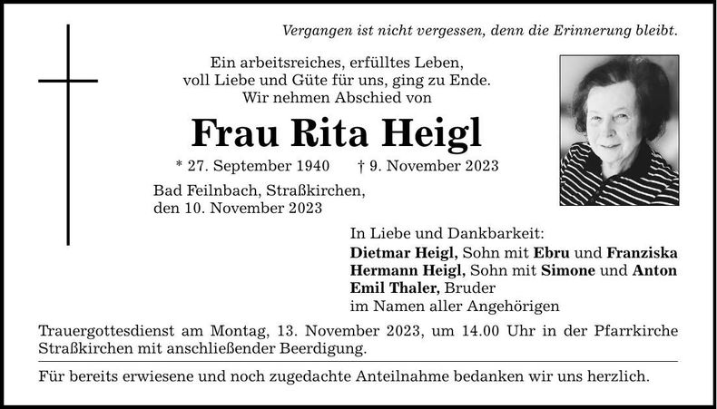 Traueranzeige Rita Heigl