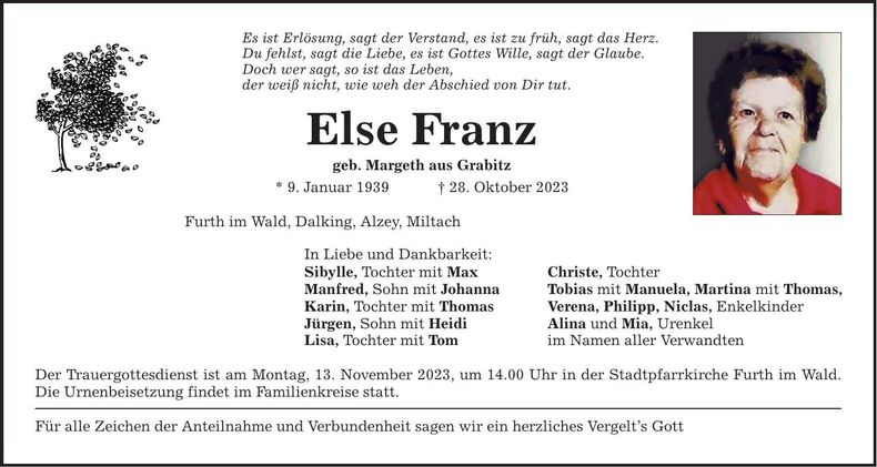 Traueranzeige Elise Franz