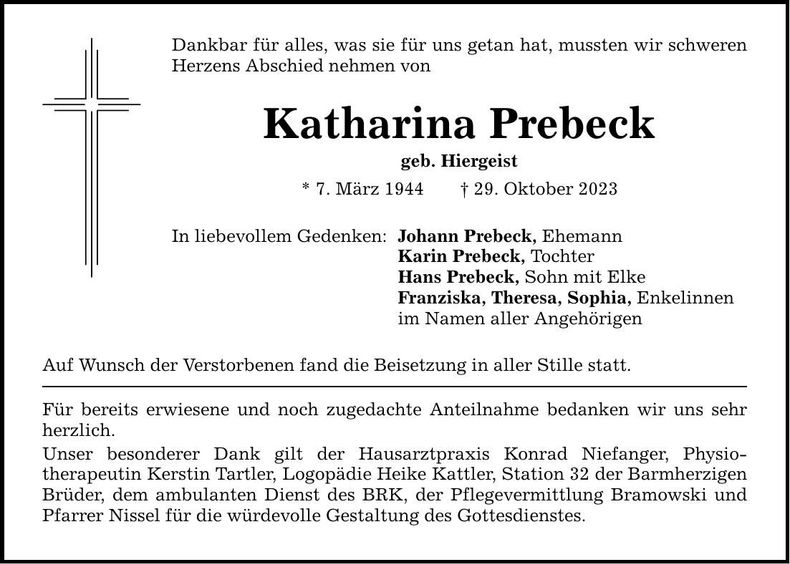 Traueranzeige Katharina Prebeck