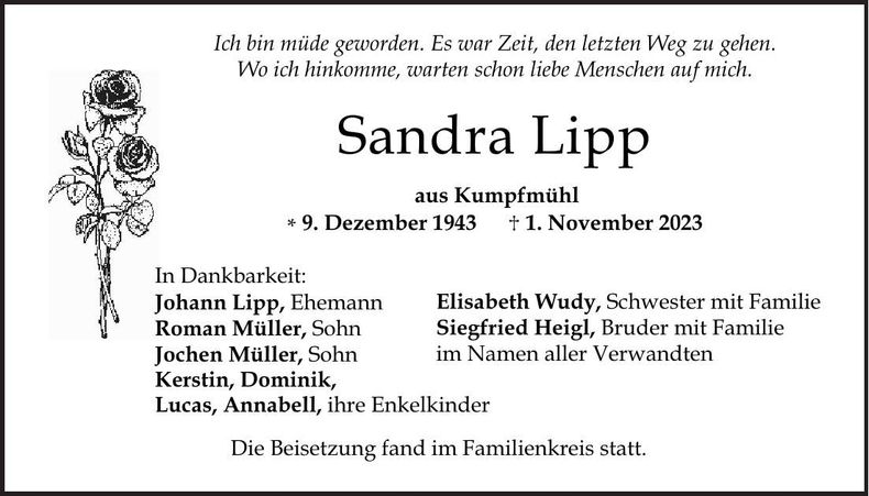 Traueranzeige Sandra Lipp