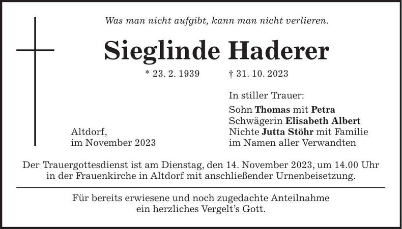 Traueranzeige Sieglinde Haderer