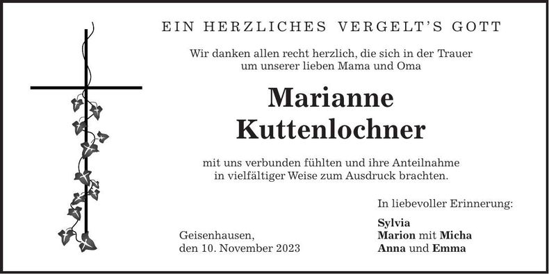 Traueranzeige Marianne Kuttenlochner