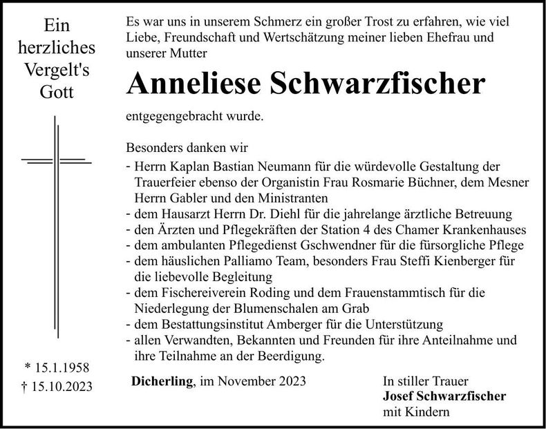 Traueranzeige Anneliese Schwarzfischer