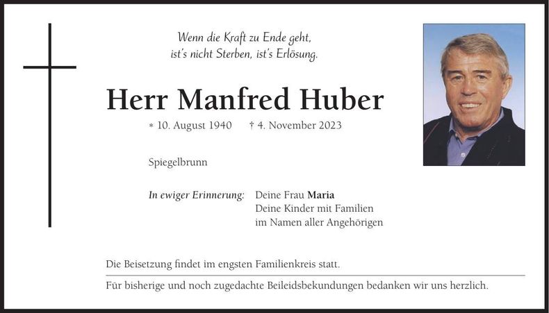 Traueranzeige Manfred Huber