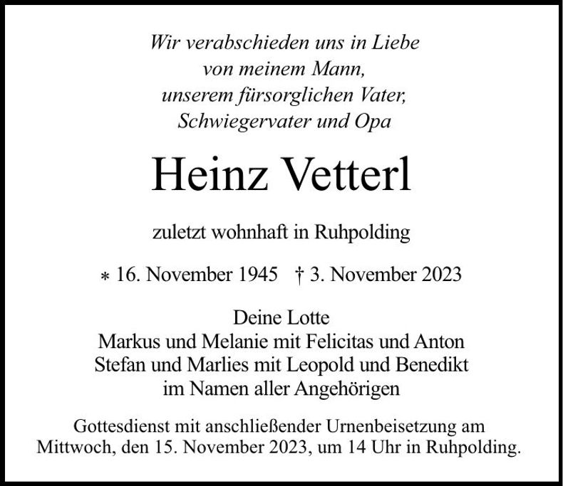 Traueranzeige Heinz Vetterl