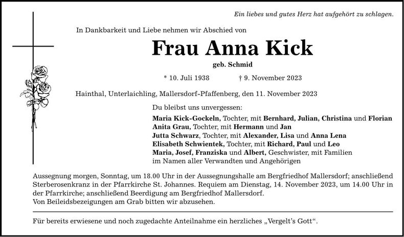 Traueranzeige Anna Kick