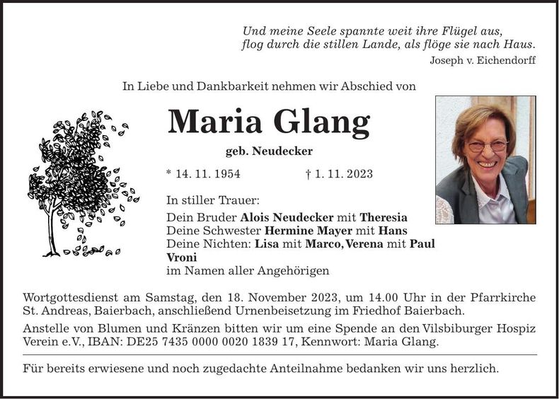 Traueranzeige Maria Glang