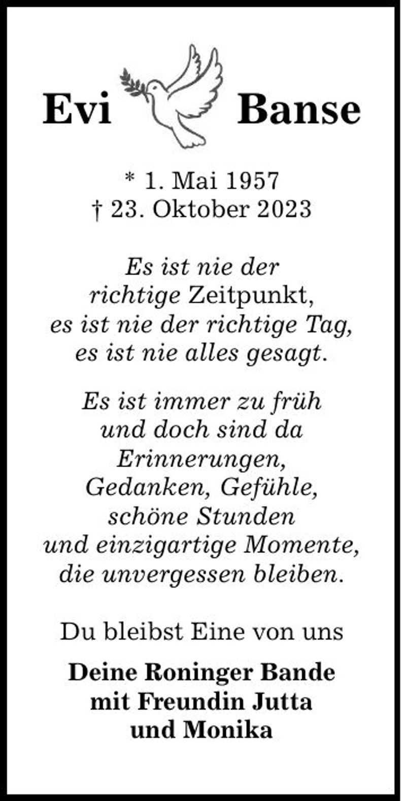 Traueranzeige Evi Banse