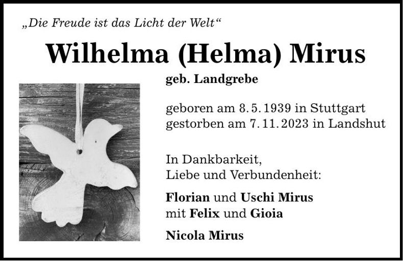 Traueranzeige Wilhelma Mirus