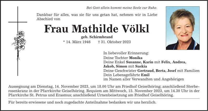 Traueranzeige Mathilde Völkl