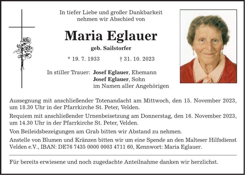 Traueranzeige Maria Eglauer