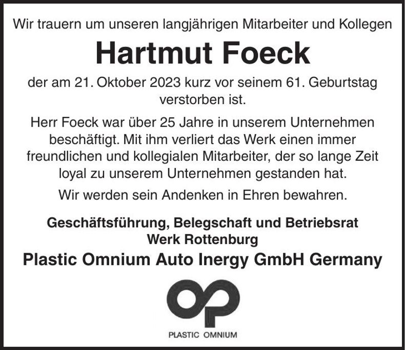 Traueranzeige Hartmut Foeck