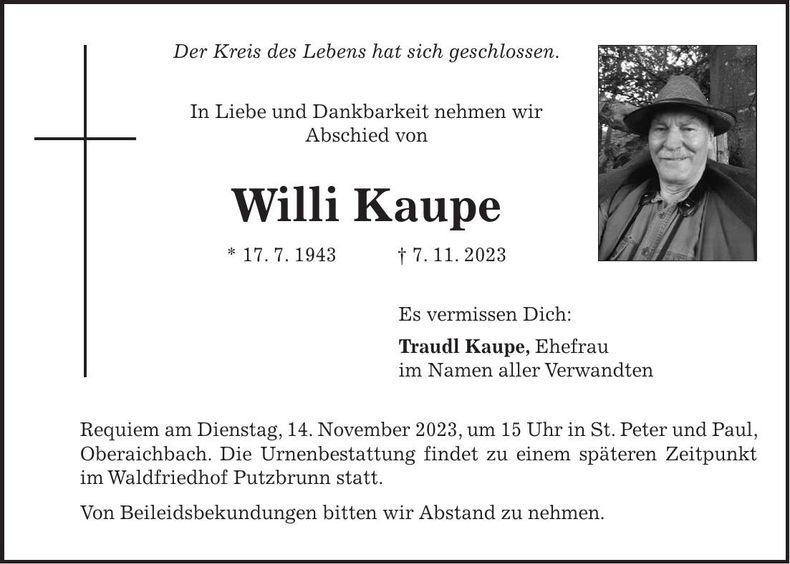 Traueranzeige Willi Kaupe