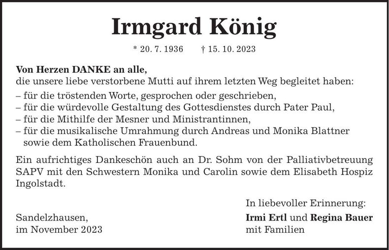 Traueranzeige Irmgard König