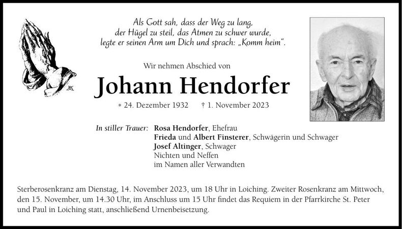 Traueranzeige Johann Hendorfer