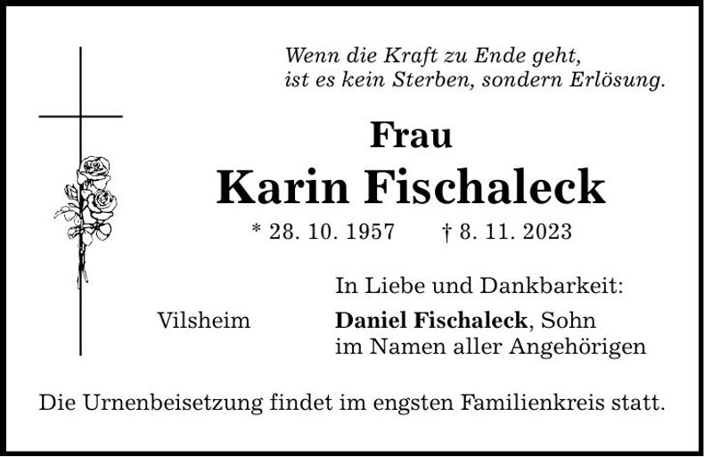 Traueranzeige Karin Fischaleck