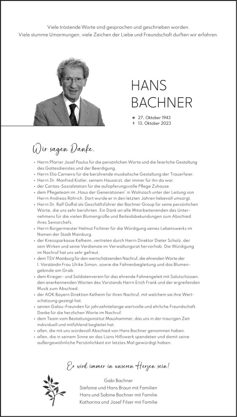 Traueranzeige Hans Bachner