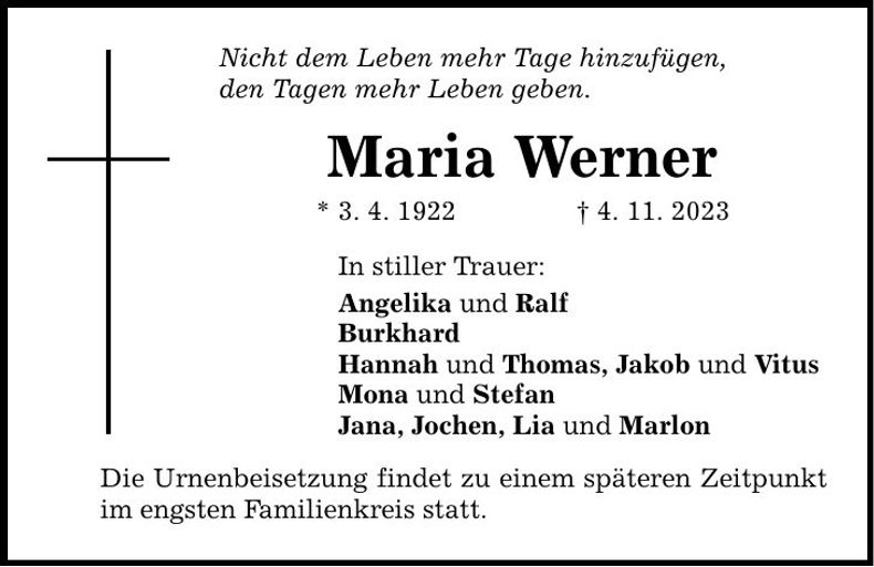 Traueranzeige Maria Werner