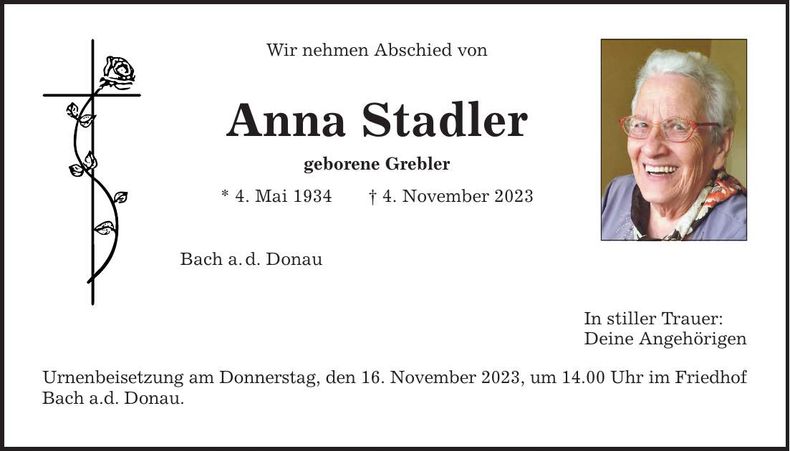 Traueranzeige Anna Stadler