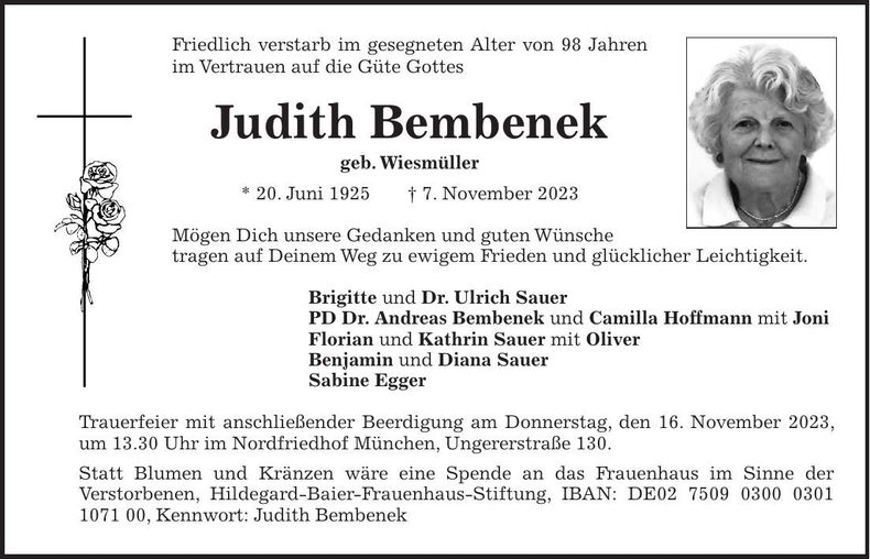 Traueranzeige Judith Bembenek