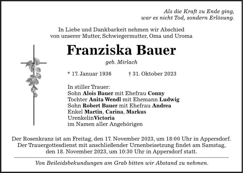 Traueranzeige Franziska Bauer