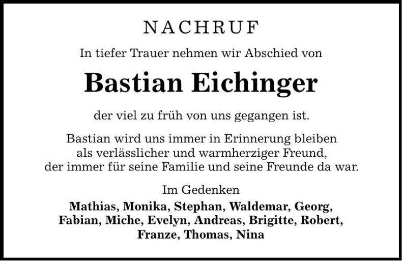 Traueranzeige Bastian Eichinger
