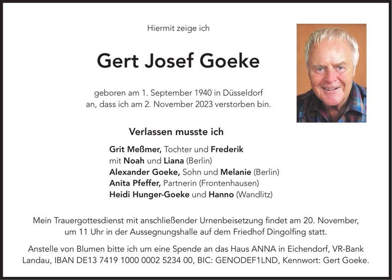 Traueranzeige Gert Josef Goeke