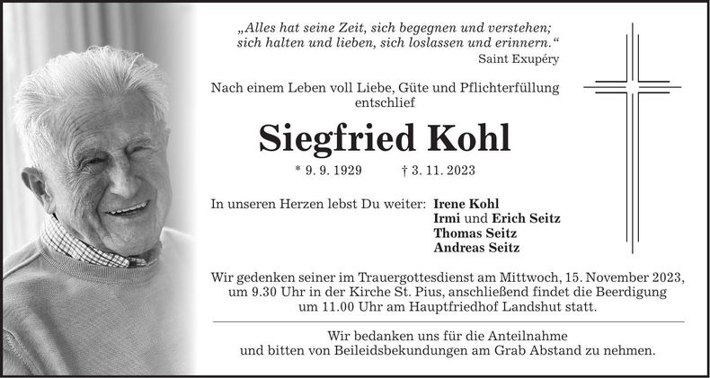 Traueranzeige Siegfried Kohl