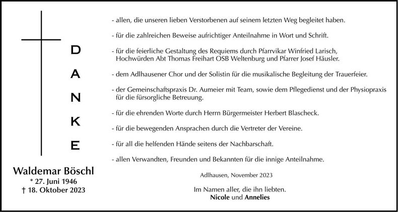 Traueranzeige Waldemar Böschl