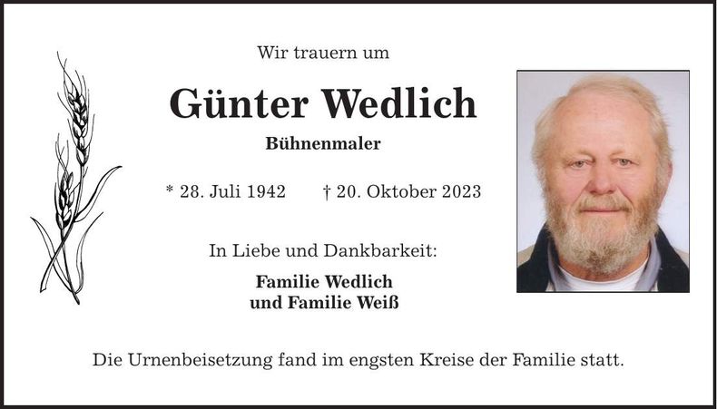 Traueranzeige Günter Wedlich