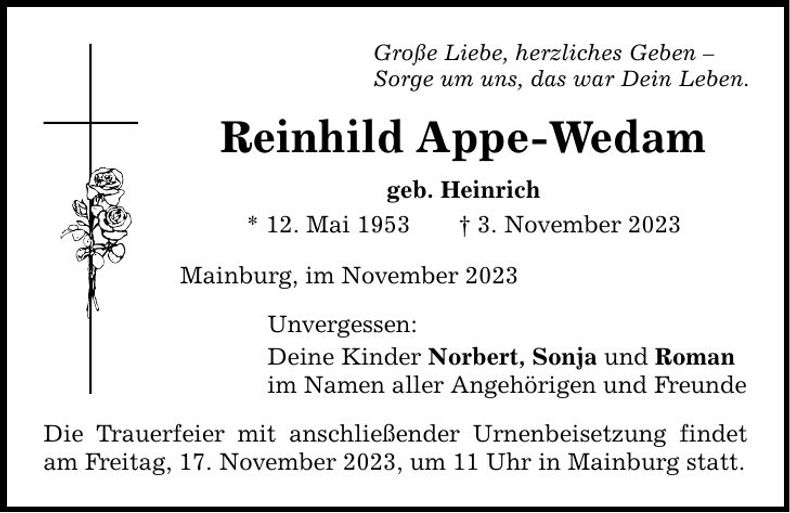 Traueranzeige Reinhild Appe-Wedam