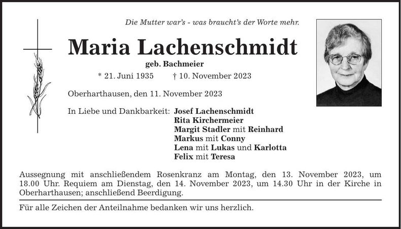Traueranzeige Maria Lachaenschmidt