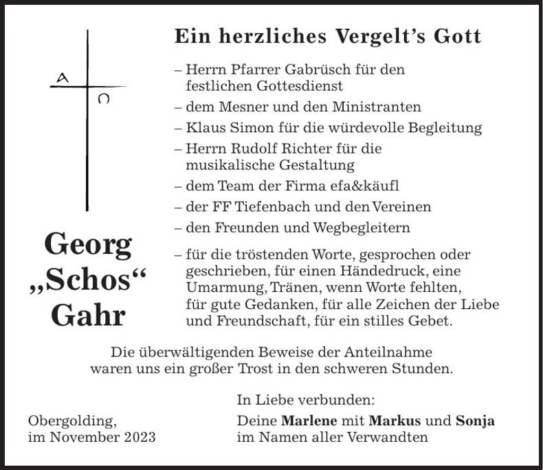 Traueranzeige Georg Gahr