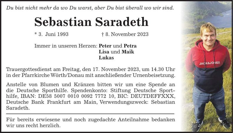 Traueranzeige Sebastian Saradeth