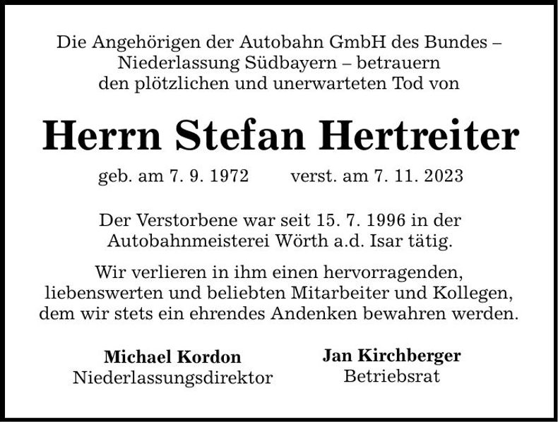 Traueranzeige Stefan Hertreiter