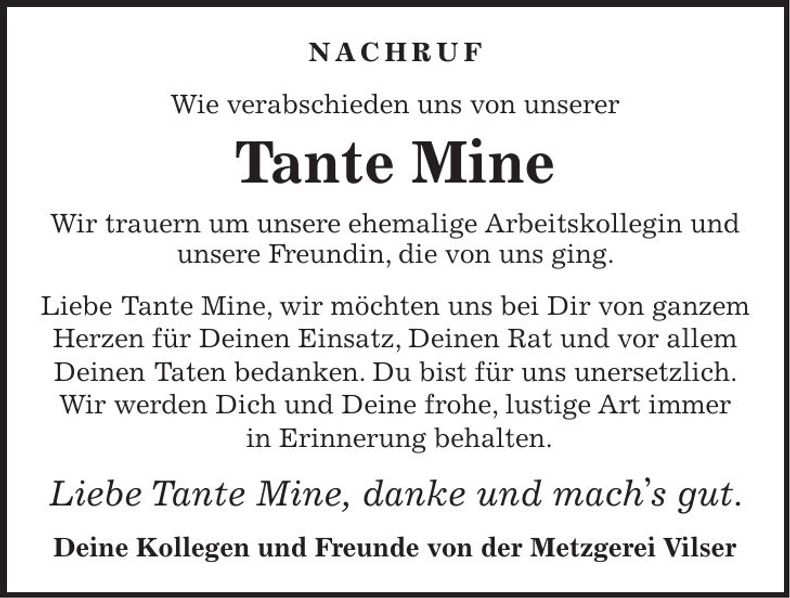 Traueranzeige Tante Mine