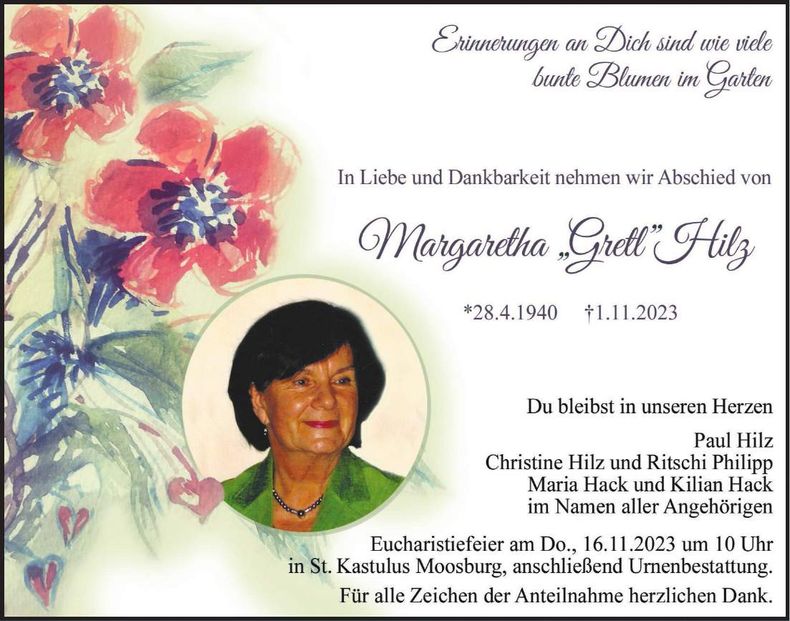 Traueranzeige Margaretha Hilz