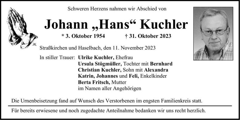 Traueranzeige Johann Kuchler
