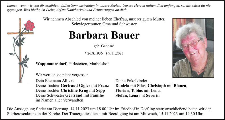 Traueranzeige Barbara Bauer