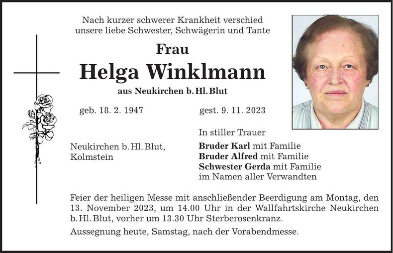 Traueranzeige Helga Winklmann