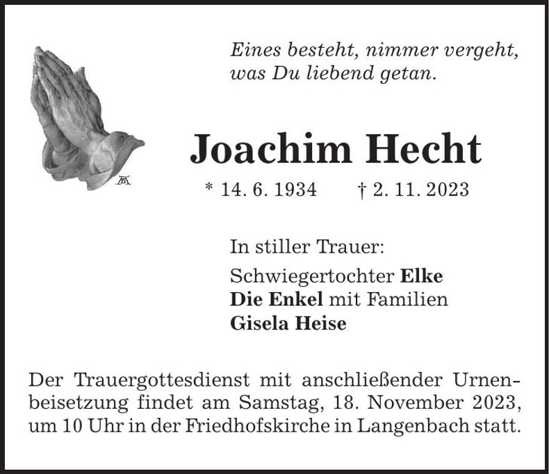 Traueranzeige Joachim Hecht